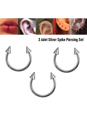 Begonia Accessories  316L Cerrahi Çelik, 10 mm  Çap, 3 mm Toplu, 3 Adet Spike Septum Piercing Set, Kaş, Dudak, Burun, Kulak Kullanımına Uygundur