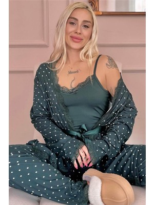 Zümrüt Mini Puan Desenli Bambu Sabahlıklı Kadın Pijama Takımı