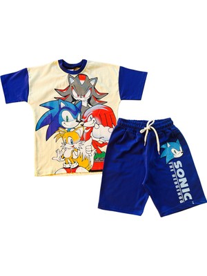 Erkek Çocuk Sonic Desenli Krem-Lacivert Şortlu Takım