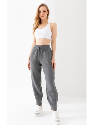 %100 Organik Pamuk Kadın Siyah Müslin Kumaş Pens Paça Otantik Şalvar Pantolon