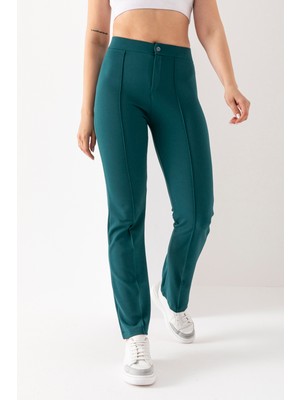 Kadın Petrol Yeşil Önü Şerit Detaylı Ispanyol Paça Krep Pantolon
