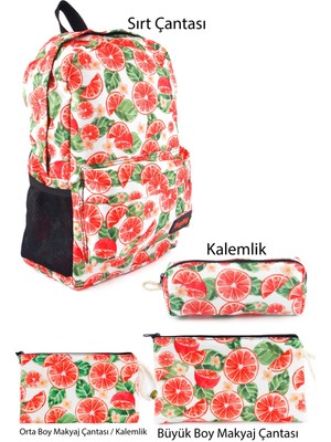 4'lü Set Meyve Portakal Desenli Sırt Çantası Kalemlik Makyaj Çantası Büyük Boy Makyaj Çantası
