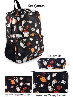 4'lü Set Kedi Desenli Sırt Çantası Kalemlik Makyaj Çantası Büyük Boy Makyaj Çantası