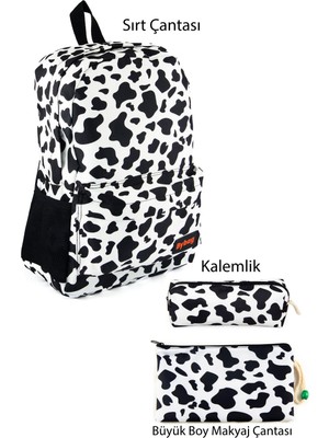 Inek Dana Desenli Sırt Çantası Kalemlik Makyaj Çantası Büyük Boy Makyaj Çantası Set