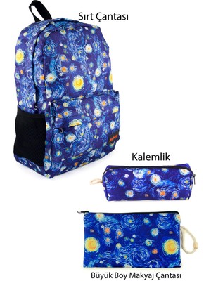 3'lü Set Yıldızlı Gece Desenli Sırt Çantası Kalemlik Makyaj Çantası Büyük Boy Makyaj Çantası