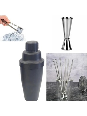 Kokteyl Hazırlama Seti 10 Parça Bar Shaker 700 ml Çelik Pipetli Kaşık Seti Buz Maşası Jigger 3/6 cl
