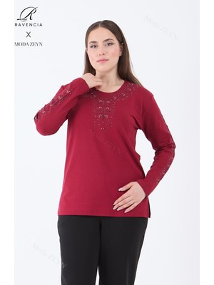 Kadın Orta Yaş ve Üzeri Viskon Şerit Çiçek Desen Taşlı Işlemeli Likralı Bordo Anne Penye Bluz