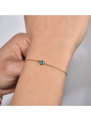 14 Ayar Altın Kaplama Minima Açık Mavi  Göz Boncuğu Gümüş Bileklik - CBS00121