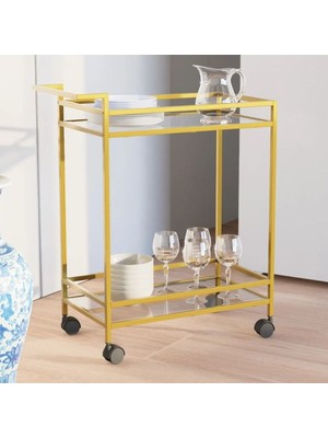 Camlı Metal Servis ve Sunum Arabası Gold