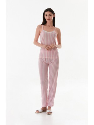 Kalın Çizgili Askılı Dantelli Pijama Takımı