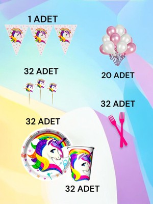 32 Kişilik Unicorn Temalı M Paket - Doğum Günü Parti ve Eğlenceli Etkinlikler