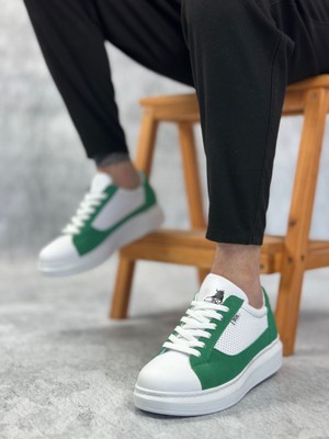 BA0423 Boa Kalın Yüksek Taban Beyaz Yeşil Bağcıklı Spor Erkek Ayakkabı