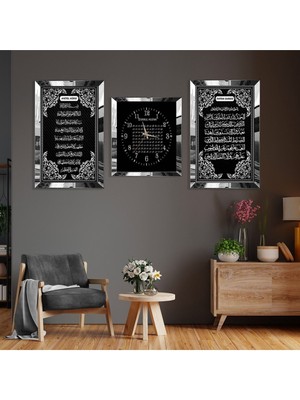 Ayetel Kürsi Fatiha Süresi ve Esmaül Hüsna Pleksi Kenar Üçlü Mdf Tablo Seti ve Saat Seti