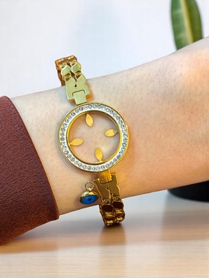 Polo Steel Taşlı Nazar Detaylı Çeyrek Yuvalı Çelik Kelepçe Bileklik