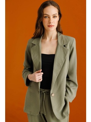 Kadın Tek Düğmeli Keten Ceket Haki