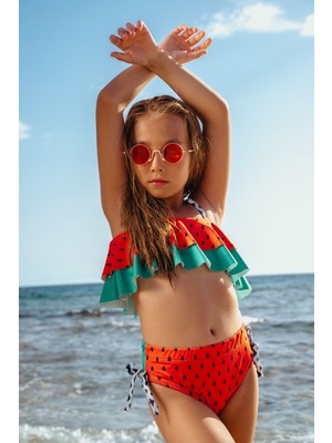 Minipodyum Kız Çocuk Karpuz Desenli Bikini Takımı Fırfırlı Üst ve Yan Bağcıklı 2 Parça