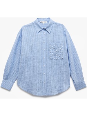 Koton Uzun Kollu Dokulu Inci Işleme Detaylı Cepli Oversize Gömlek