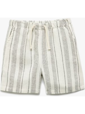 Koton Keten ve Viskon Karışımlı Beli Bağcıklı Cepli Çizgili Şort