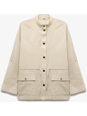 Koton Uzun Kollu Kapaklı Cep Detaylı Dik Yaka Keten Ceket