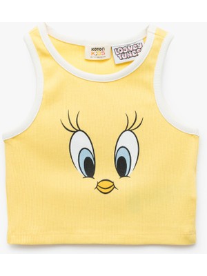 Koton Tweety Lisanslı Pamuklu Slim Fit Bisiklet Yaka Baskılı Crop Atlet