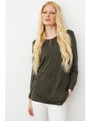 Desen Triko Kadın Sıfır Yaka Uzun Kollu Penye Bluz Haki