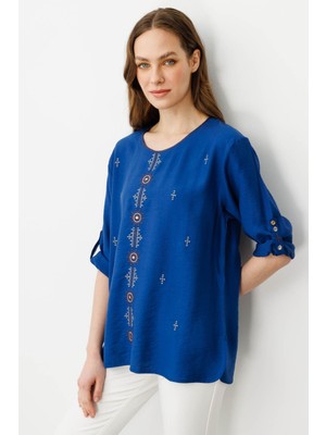 Kadın Sıfır Yaka Önü Nakışlı Bluz Indigo