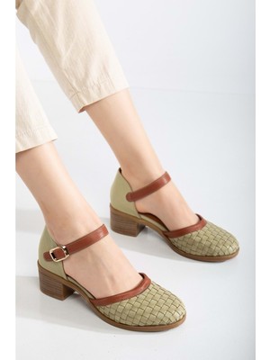 Analin Shoes Kadın  Deri Burnu Kapalı Örgülü Sandalet - Yeşil