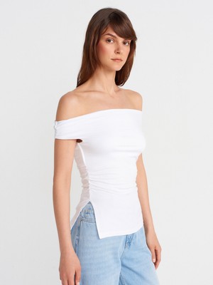 31865 Omuzları Açık Büzgülü Top-Beyaz