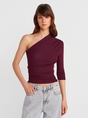 31842 Pile Detaylı Asimetrik Top-Bordo