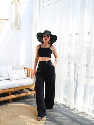 Kadın Keten Gipeli Crop ve Pantolon Ikili Takım