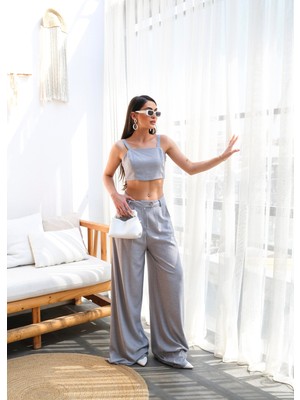 Kadın Keten Gipeli Crop ve Pantolon Ikili Takım