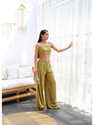 Kadın Keten Gipeli Crop ve Pantolon Ikili Takım