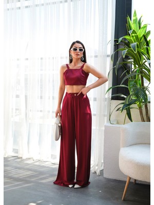 Kadın Keten Gipeli Crop ve Pantolon Ikili Takım