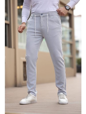 Ince Çizgili Kumaş Beyaz Jogger Pantolon