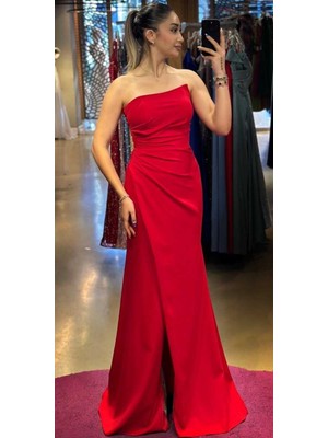 Kırmızı Anvelop  Yırtmaçlı Düz Kesim Krep Uzun Abiye Elbise 7324