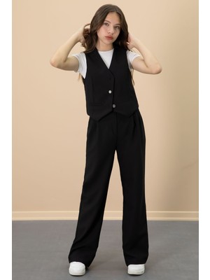 Cansın Mini Siyah V Yaka Düğmeli Yelekli Geniş Paça Pantolonlu Kız Çocuk 2li Takım 20723