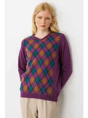 Kadın V Yaka Baklavalı Yün Kazak A.mor