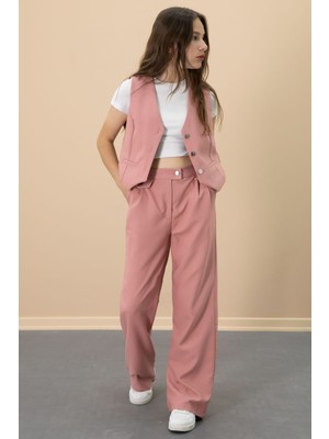 Cansın Mini Pembe V Yaka Düğmeli Yelekli Geniş Paça Pantolonlu Kız Çocuk 2li Takım 20724