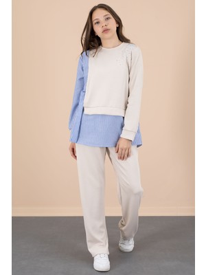 Cansın Mini Bej Çizgi Desenli Taş Detaylı Bluzlu Kız Çocuk Kuşaklı Pantolonlu 2li Takım 20658