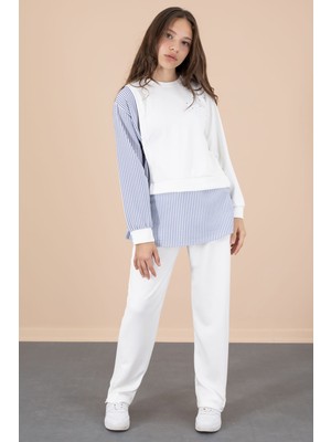 Cansın Mini Mavi Çizgi Desenli Taş Detaylı Bluzlu Kız Çocuk Kuşaklı Pantolonlu 2li Takım 20655