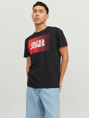 Jack & Jones 12233999 0 Yaka Onu Cızgı Ustu Jack Jones Yazılı Kısa Kol  %100 Coton Tshırt