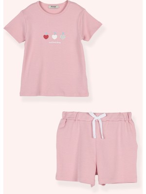 Kız Çocuk Kiraz Baskılı Pembe Pijama Takımı