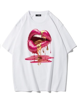 Brz Collection Unisex Oversize Casu Lip Dudak Baskılı T-Shirt Beyaz