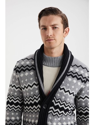 Fair Isle Desen Kaşmir Yün Karışım Siyah Hırka