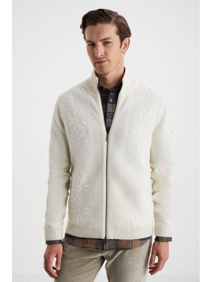 Kar Desen Nakışlı Kaşmir Yün Karışım Ekru Triko Ceket