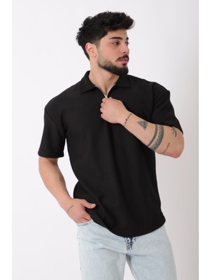 Çizgili Yakalı Yarım Fermuar Oversize Tişört STU-2473_30464