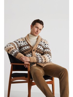 Fair Isle Desen Kaşmir Yün Karışım Camel Hırka