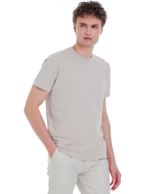 Ekru Regular Fit Bisiklet Yaka Pamuklu Tişört