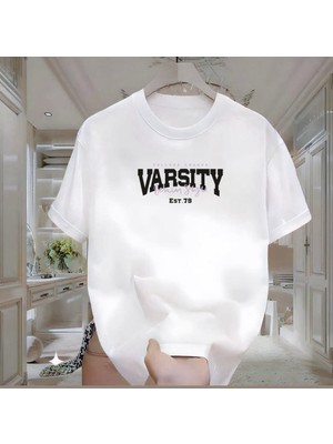 Varsity Baskılı Beyaz Oversize Erkek Tshirt