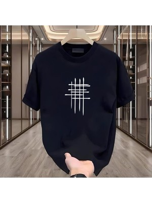Çizgi Baskılı Siyah Oversize Erkek Tshirt